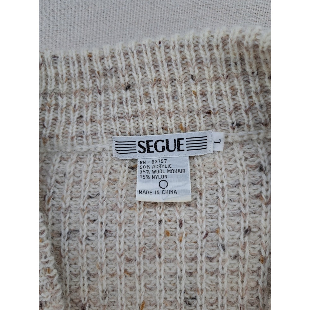 Vtg Mohair Blend Cardigan Sweater Womens Large Natural Fuzzy Chunky Knit Baggy - Picture 2 of 10